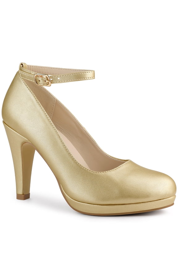Valentine's Women' Shoes Round Toe Stiletto Heel Ankle Strap Pumps Gold 8