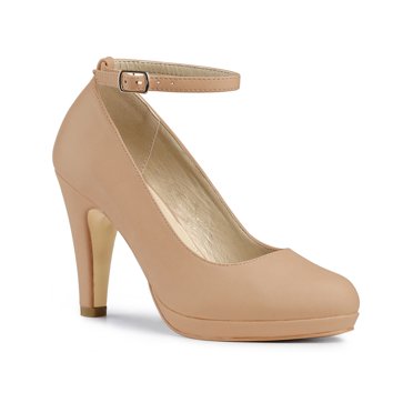 BLISSFUL STEP Women' Shoes Round Toe Stiletto Heel Ankle Strap Pumps Nude 6