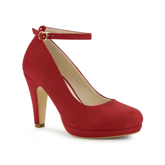 BLISSFUL STEP Women' Shoes Round Toe Stiletto Heel Ankle Strap Pumps Red 8