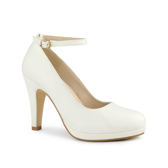 BLISSFUL STEP Women' Shoes Round Toe Stiletto Heel Ankle Strap Pumps White 7