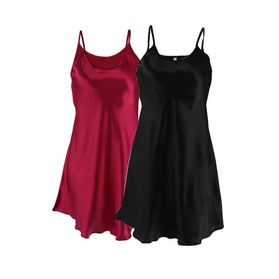INSPIRE CHIC Women Satin Plus Size Ruffles Hem Basic Braces Full Slip Skirt Dress Camisole Black + Burgundy 3XL