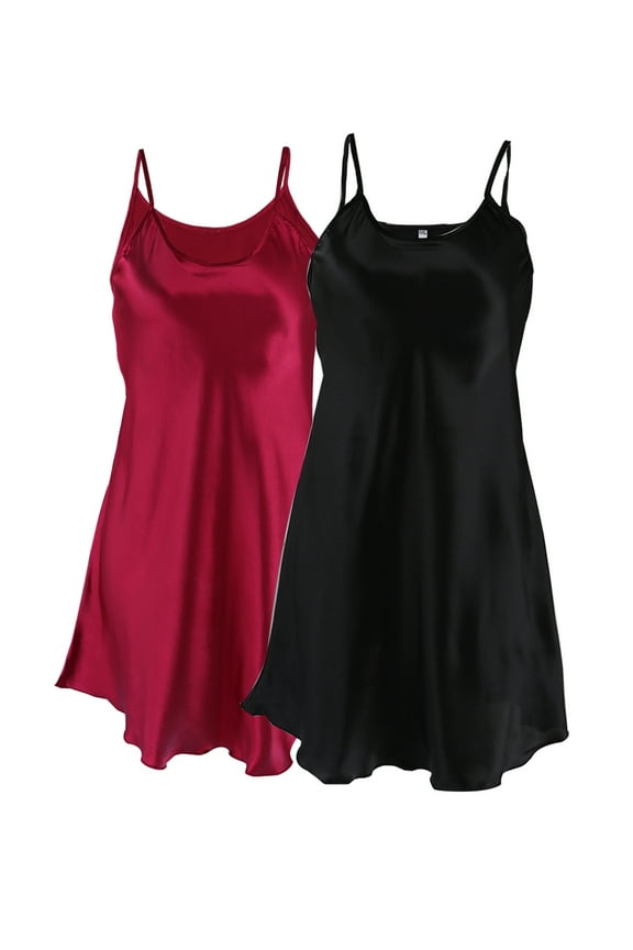 Women Satin Plus Size Ruffles Hem Basic Braces Full Slip Skirt Dress Camisole Black + Burgundy 3XL