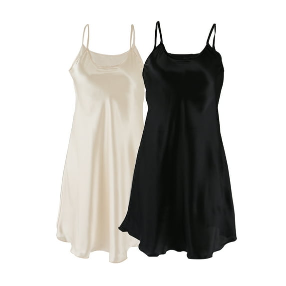 INSPIRE CHIC Women Satin Plus Size Ruffles Hem Basic Braces Full Slip Skirt Dress Camisole Black + Champagne 2XL