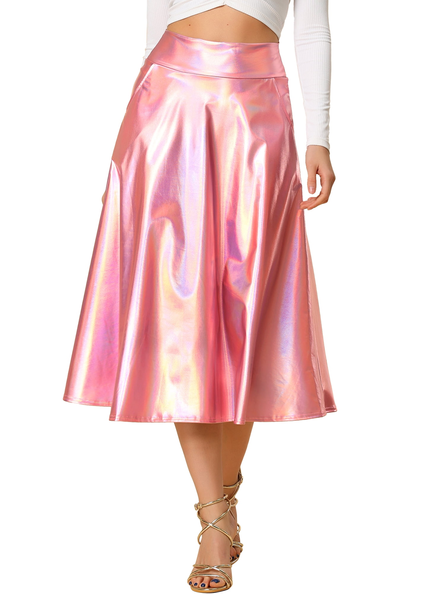 Allegra K Women Shiny Metallic High Waist Flared Pleated Sparkle