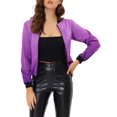 thumbnail image 1 of Allegra K Women Standing Collar Long Sleeve Full Zip up Short Bomber Jacket Purple L, 1 of 5