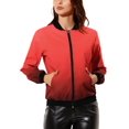 thumbnail image 1 of Allegra K Women Standing Collar Long Sleeve Full Zip up Short Bomber Jacket Red XL, 1 of 6