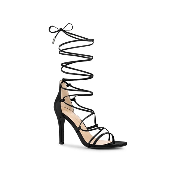 BLISSFUL STEP Women Strappy Straps Lace Up Stiletto Heel Sandals Black 7.5