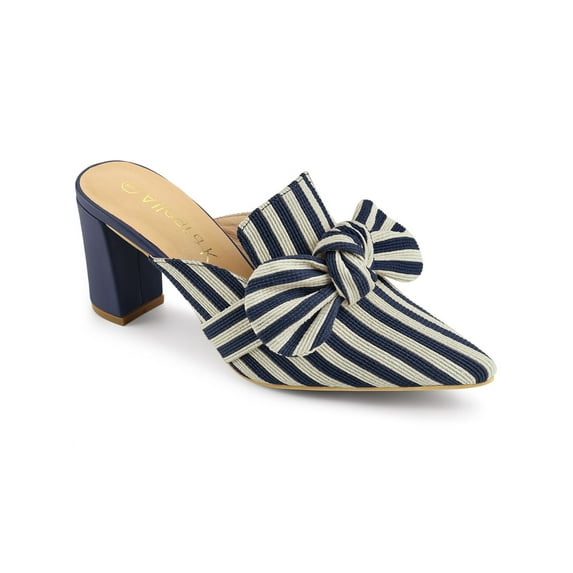 BLISSFUL STEP Women Stripe Bow Pointed Toe Block Heel Slides Mules Blue 7