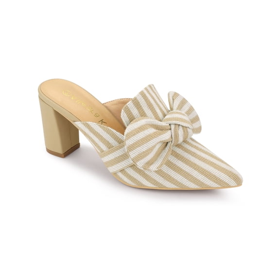BLISSFUL STEP Women Stripe Bow Pointed Toe Block Heel Slides Mules Beige 10