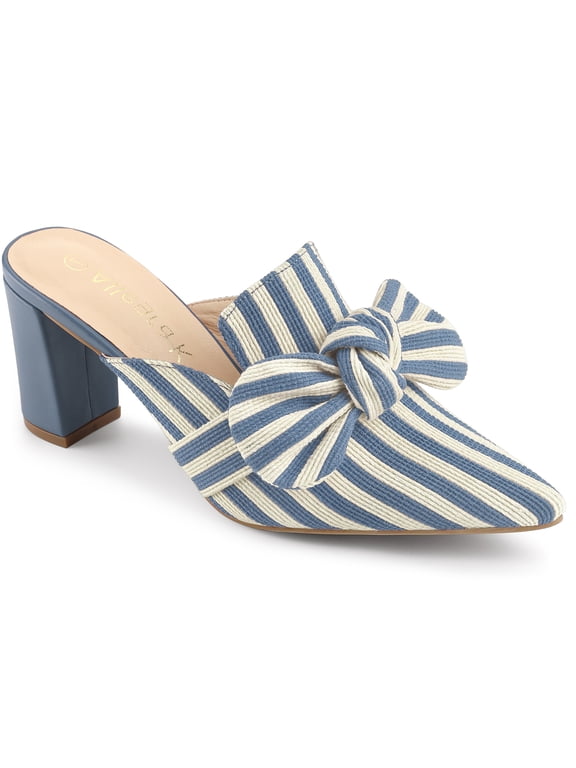 Women Stripe Bow Pointed Toe Block Heel Slides Mules Light Blue 9