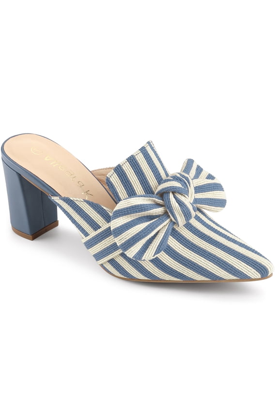 Women Stripe Bow Pointed Toe Block Heel Slides Mules Light Blue 9
