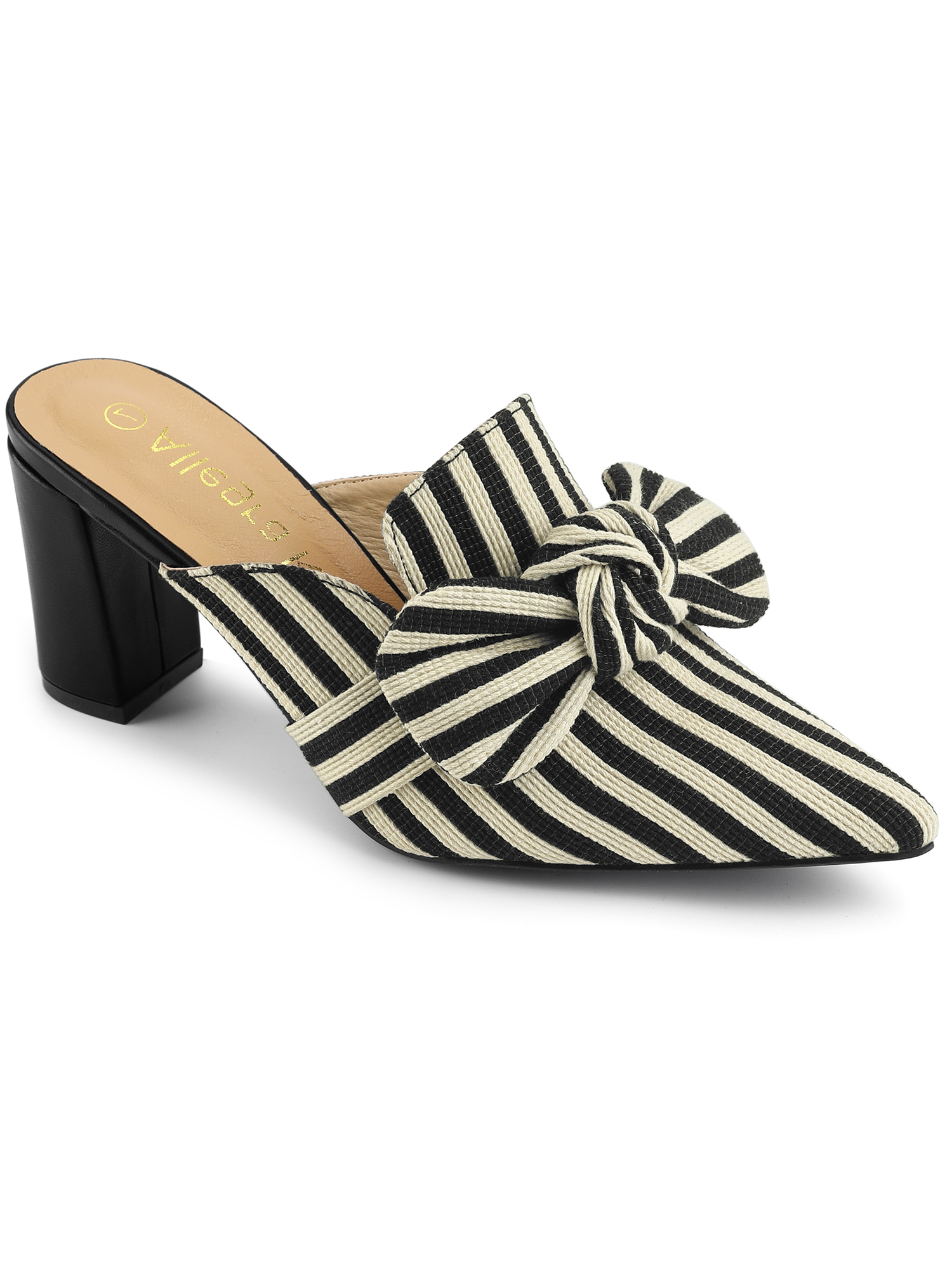 Sandali Con Tacco Grosso A Punta Allegra K – Tessuto A Righe, Fiocco, Colore Beige, Altezza Tacco 8 Cm