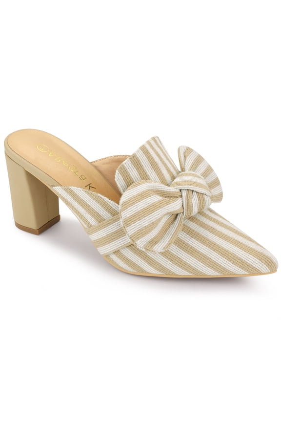 Women Stripe Bow Pointed Toe Block Heel Slides Mules Beige 6