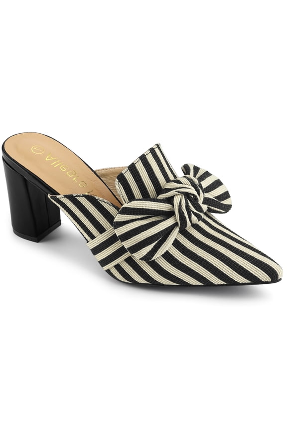 Women Stripe Bow Pointed Toe Block Heel Slides Mules Black 11