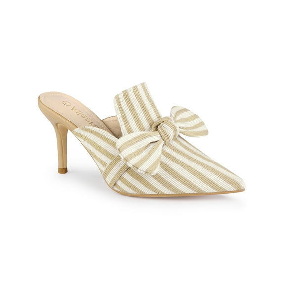 BLISSFUL STEP Women's Stiletto Heel Mules Pointed Toe Stripe Bow Slip-On Dress Shoes Beige 6