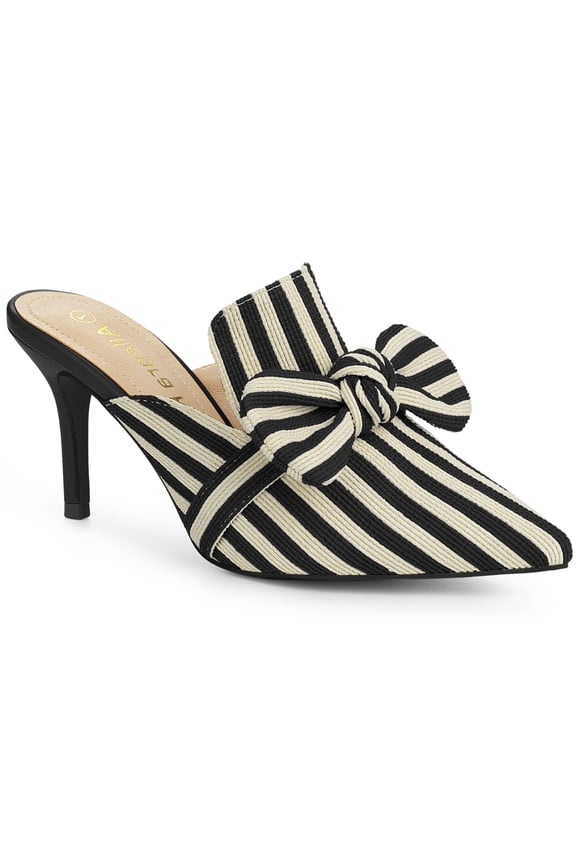 Women's Stiletto Heel Mules Pointed Toe Stripe Bow Slip-On Dress Shoes Black 6