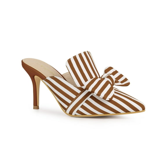 BLISSFUL STEP Women's Stiletto Heel Mules Pointed Toe Stripe Bow Slip-On Dress Shoes Dark Brown 10