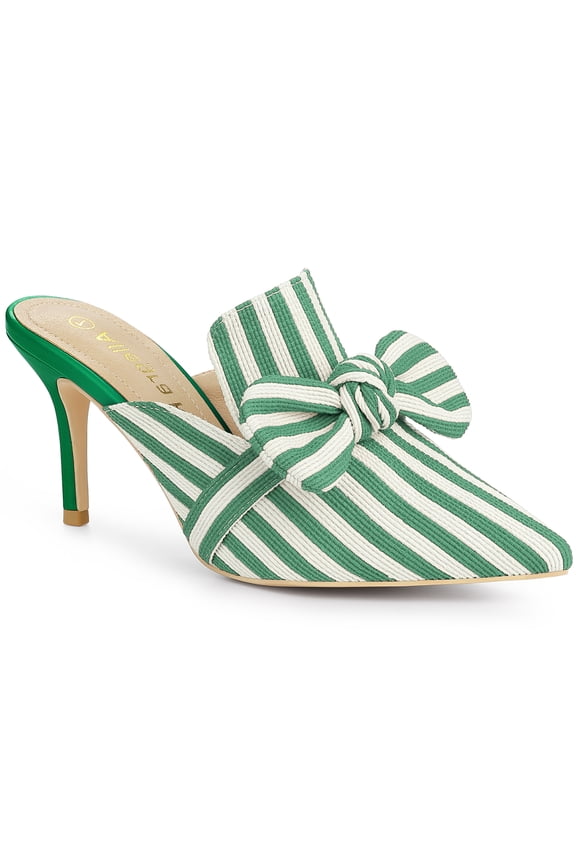 Women's Stiletto Heel Mules Pointed Toe Stripe Bow Slip-On Dress Shoes Green 10