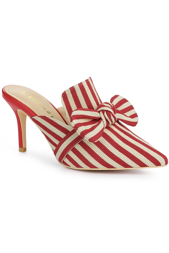 Women's Stiletto Heel Mules Pointed Toe Stripe Bow Slip-On Dress Shoes Red 7