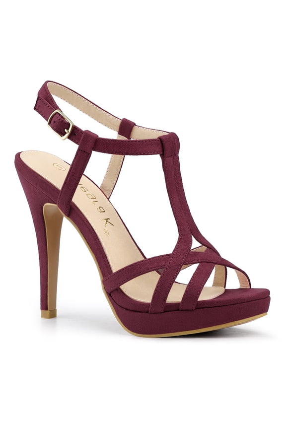 Women T Strap Slingback Platform Stiletto Heel Sandals Burgundy 9.5