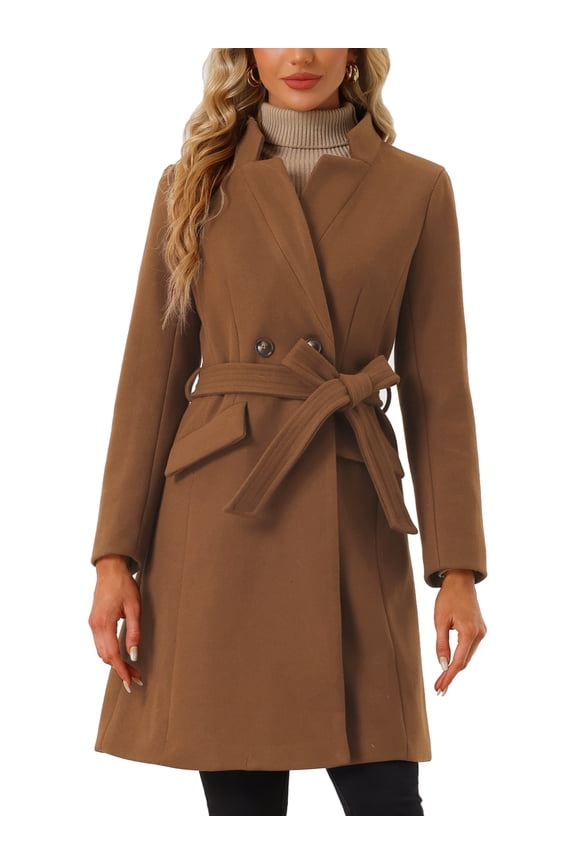 Women Vintage Belted Coat for Women's Stand Collar Winter Outwear Coats XS Brown