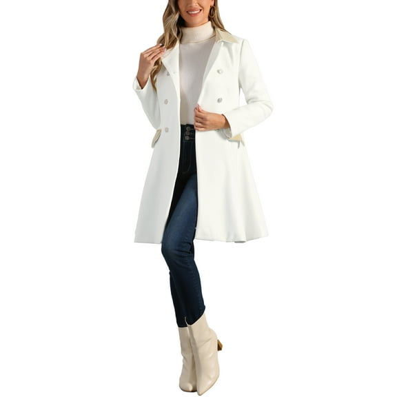 INSPIRE CHIC Women's Peacoat Overcoat Double Breasted Vintage A-line Flare Winter Coat XS Cream White