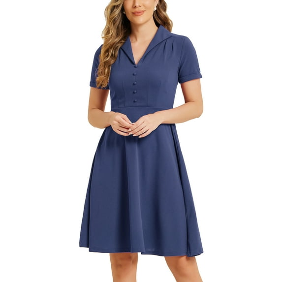 INSPIRE CHIC Women's 1950s Retro Vintage V Neck Button Down A-Line Swing Wear-to-Work Dress