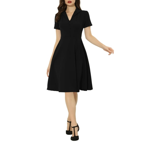 INSPIRE CHIC Vintage Dresses for Women's 2024 Flat Collar Short Sleeve Fit and Flare Dress XL Black