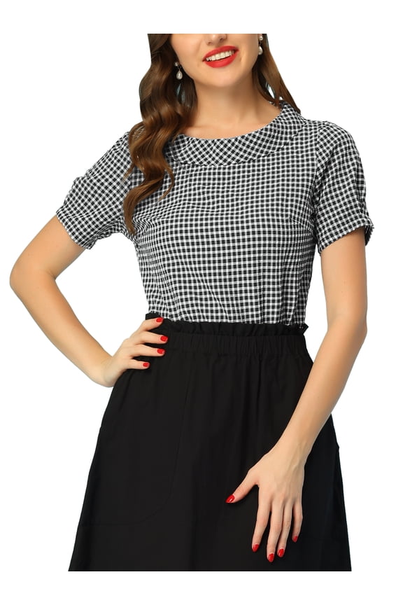 Women's 1950s Round Collar Short Sleeve Checked Tops XS Black