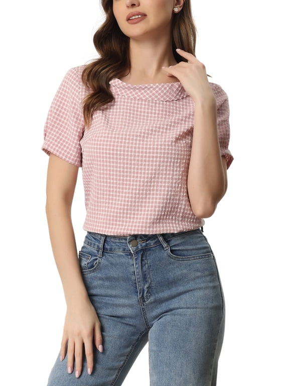 Women's 1950s Round Collar Short Sleeve Checked Tops L Pink
