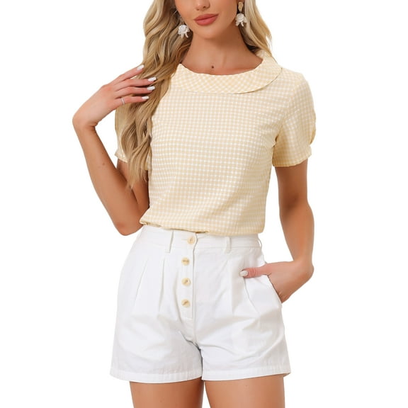 INSPIRE CHIC Women's 1950s Round Collar Short Sleeve Checked Tops S Light Yellow