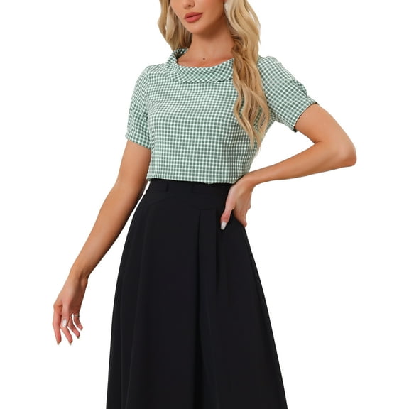 INSPIRE CHIC Women's 1950s Round Collar Short Sleeve Checked Tops XS Dusty Green