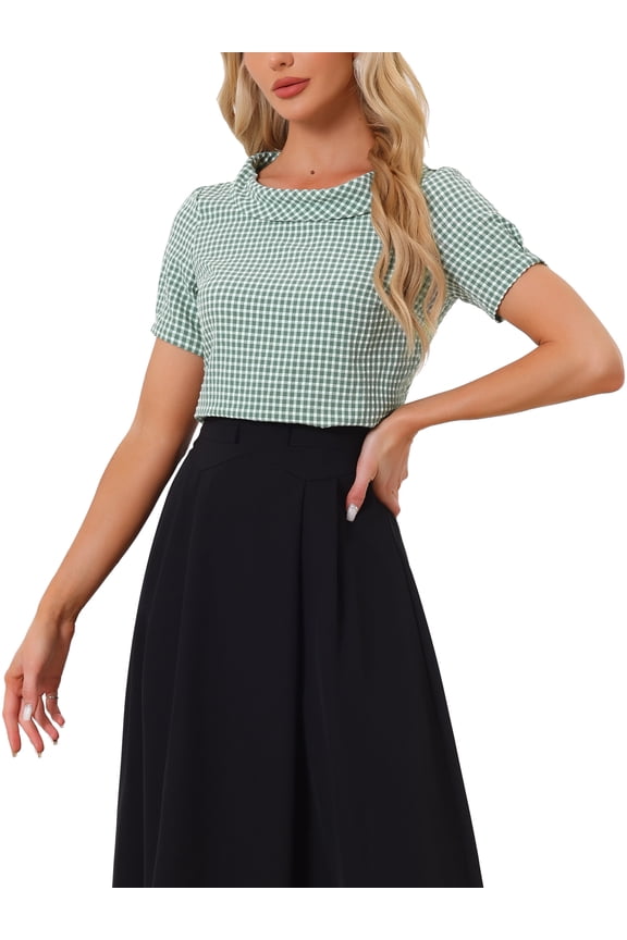 Women's 1950s Round Collar Short Sleeve Checked Tops XL Dusty Green