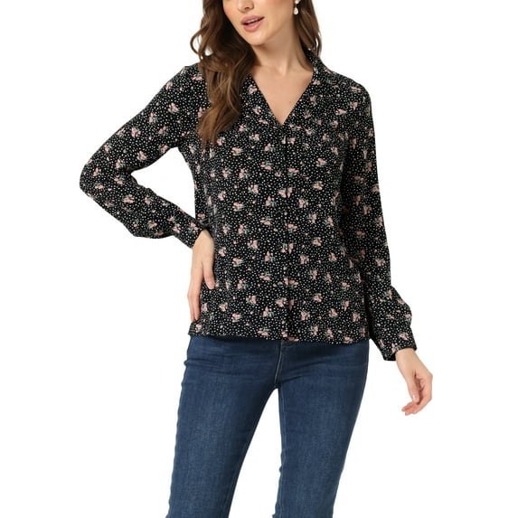 INSPIRE CHIC Women's 1950s Vintage Long Sleeve Printed Button Down Tops L Black Floral