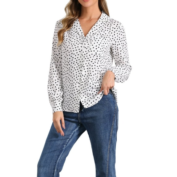 INSPIRE CHIC Women's 1950s Vintage Long Sleeve Printed Button Down Tops L White Heart