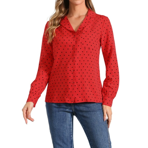 INSPIRE CHIC Women's 1950s Vintage Long Sleeve Printed Button Down Tops M Dark Red