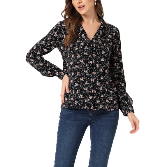 INSPIRE CHIC Women's 1950s Long Sleeve Printed Button Down Tops with Heart Polka Dots S Black Floral