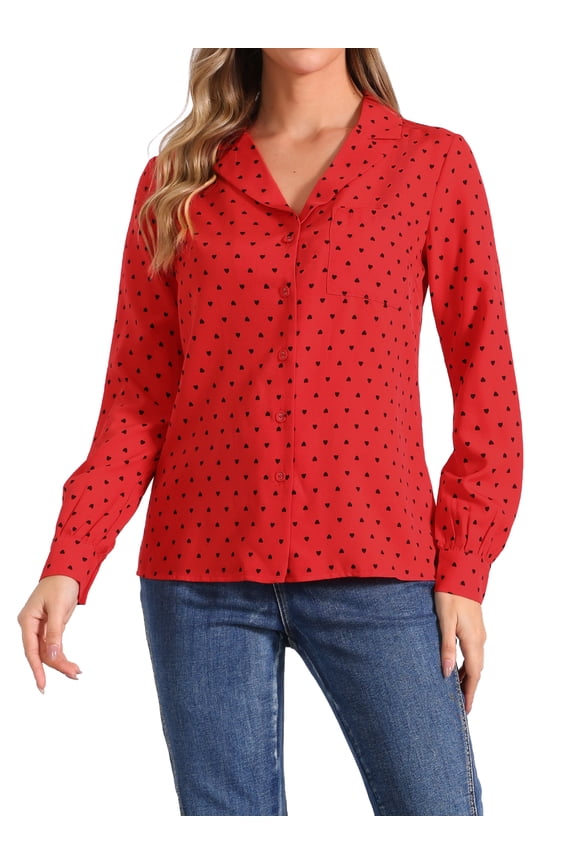 Women's 1950s Vintage Long Sleeve Printed Button Down Tops XL Dark Red