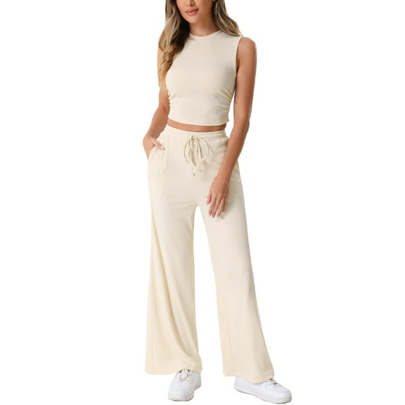 INSPIRE CHIC Women's 2 Piece Casual Sets Crew Neck Sleeveless Cropped Tank Wide Leg Pants Summer Lounge Set