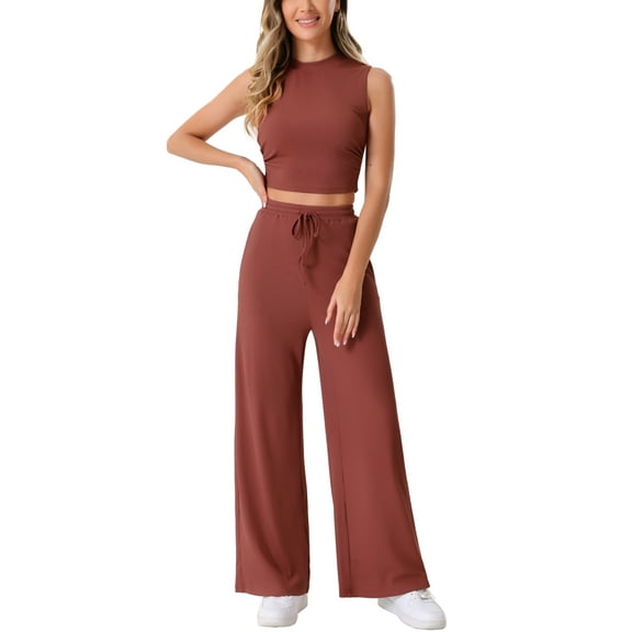INSPIRE CHIC Women's 2 Piece Casual Sets Crew Neck Sleeveless Cropped Tank Wide Leg Pants Summer Lounge Set