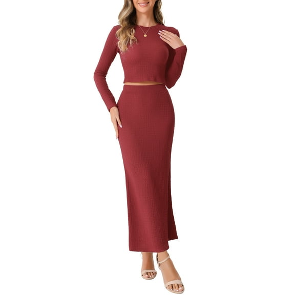 INSPIRE CHIC Women's 2 Piece Knit Sets Long Sleeve Cropped Top High Waist Mermaid Maxi Skirt Fashion Sets