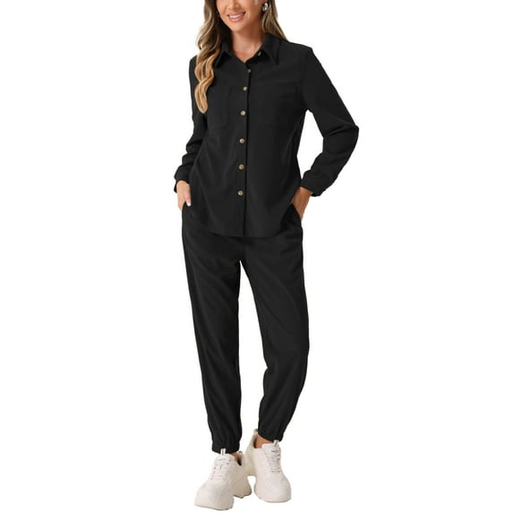 INSPIRE CHIC Women's 2 Piece Outf Casual Corduroy Tracksuit Long Sleeve Button Down Jacket Shirt and Pants Set with Pockets XS Black