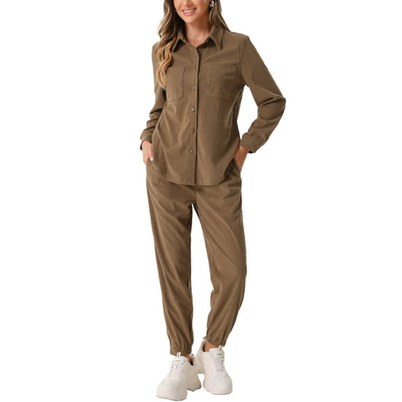 INSPIRE CHIC Women's 2 Piece Outf Casual Corduroy Tracksuit Long Sleeve Button Down Jacket Shirt and Pants Set with Pockets XL Brown