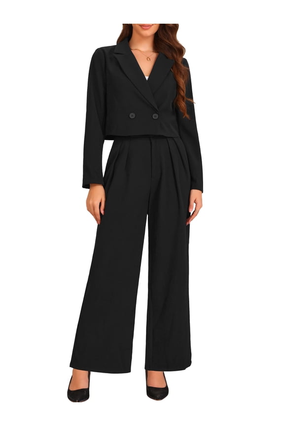 Women's 2 Piece Set Business Notched Lapel Crop Jacket Wide Leg Pant Work Suits S Black