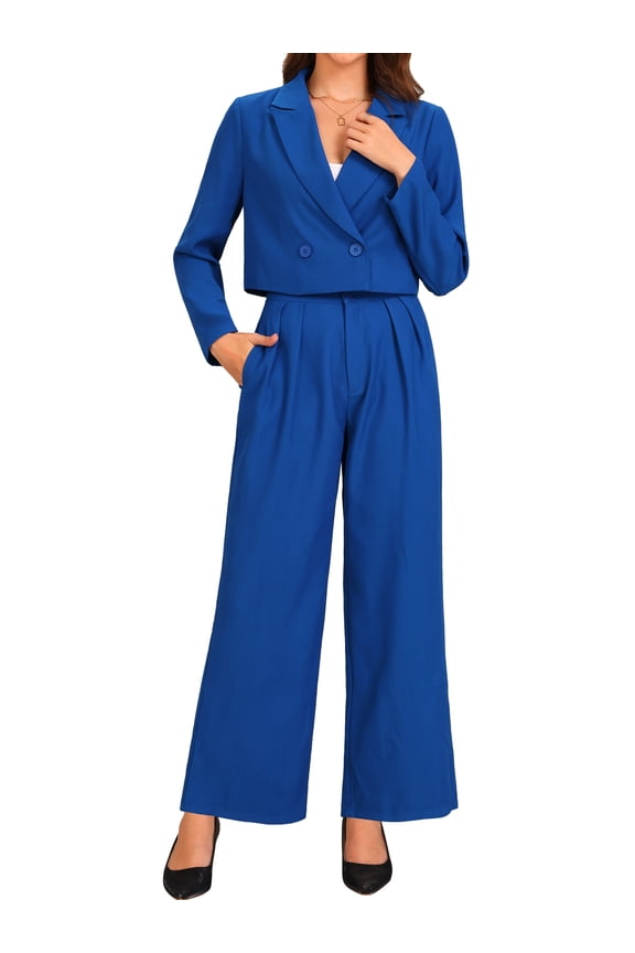Women's 2 Piece Set Business Notched Lapel Crop Jacket Wide Leg Pant Work Suits XL Blue