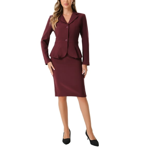 INSPIRE CHIC Women's 2 Piece Skirt Suit Set Peplum Blazer High Waist Pencil Skirt Work Outfit M Deep Purple