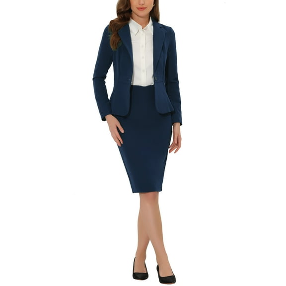INSPIRE CHIC Women's Suit Sets Long Sleeves Blazer and Pencil Skirt Two Pieces Work Outfits L Dark Blue