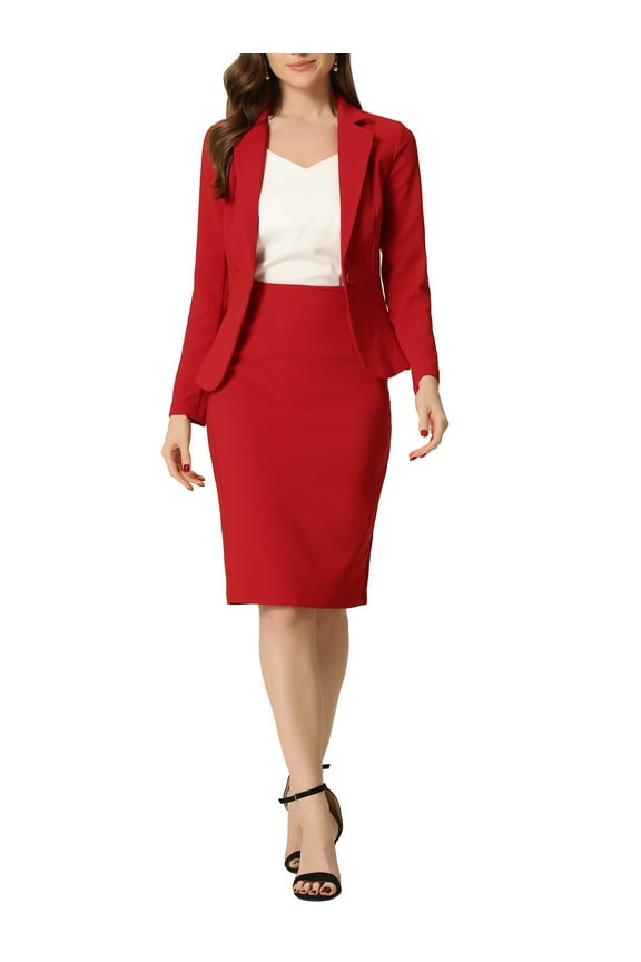 Women's Suit Sets Long Sleeves Blazer and Pencil Skirt Two Pieces Work Outfits XS Red