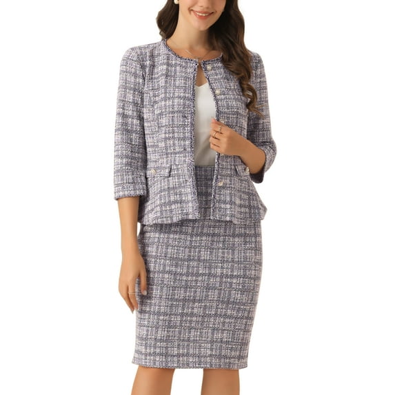 INSPIRE CHIC Women's 2 Piece Tweed Suit Button Down 3/4 Sleeve Jacket Pencil Skirt Set 2XL Purple