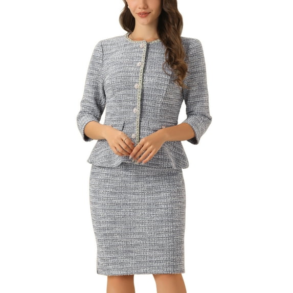 INSPIRE CHIC Women's 2 Piece Tweed Suit Button Down 3/4 Sleeve Jacket Pencil Skirt Set XL Gray Blue